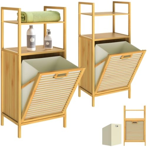 CASARIA® 2er Set Badregal mit Wäschekorb 70 L Wäschesammler Bambus Holz Wäschesack Herausnehmbar Badezimmerregal 2 Ablagen Wäschebox Regal 40x30x95cm