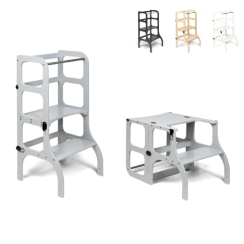 Ette Tete STEP'n'SIT® • Wandelbare Montessori Lernturm + Tisch, 2 in 1 (grau, mit schwarzen Verschlüssen)