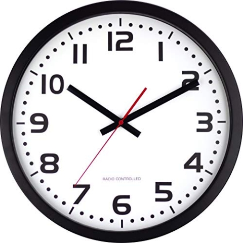 Eurotime Funkwanduhr, 40 cm, Metallrahmen Schwarz, Echtglas, klares 12-Zahlen Zifferblatt, automatische Zeitein- und Zeitumstellung, für Wohnbereich oder Büro, rote Sekunde, nur für Innen, 59990-05
