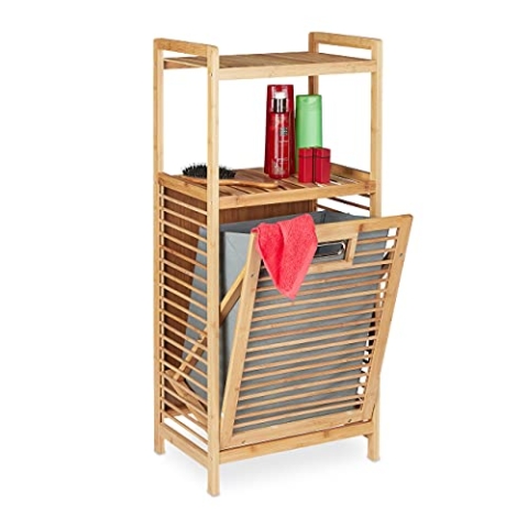 Relaxdays Badregal mit Wäschekorb, 2 offene Ablagen, kippbarer Wäschesammler, Bambus & Stoff, 95x40x30 cm, Natur/grau