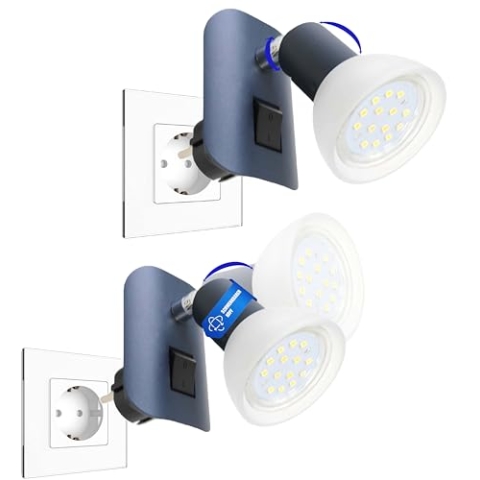 Trango 2er Pack 11-245 LED Steckerlicht in Anthrazit matt Steckerleuchte mit Glasschirm inkl. je 1x GU10 LED Leuchtmittel 3000K warmweiß & Kippschalter Leselampe Küchenlampe, Steckdosenlampe Wandlampe