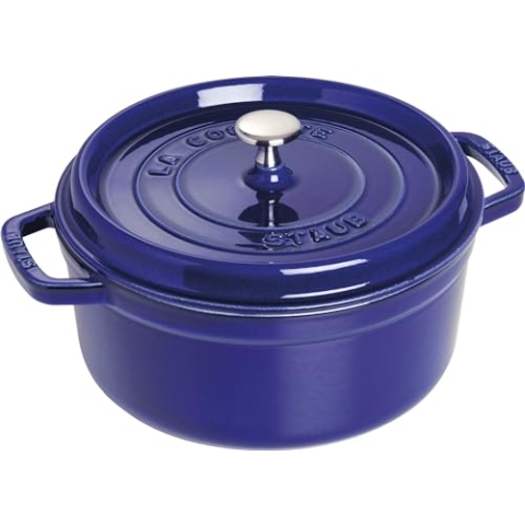 STAUB Gusseisen Bräter/Cocotte, Rund 26 cm, 5 L, Aromaregen Funktion für optimale Befeuchtung, Für alle Herdarten inkl. Induktion & Backofen, Dunkelblau