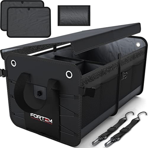 FORTEM Kofferraum Organizer, Kofferraumtasche, Zusammenklappbarer Auto Organizer Kofferraum mit Fächern, Rutschfester Boden, Verstellbare Sicherungsriemen, Klappbarer Deckel (Schwarz, Groß)
