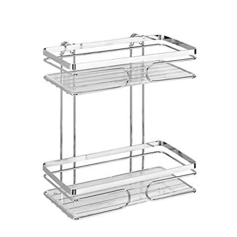 WENKO Edelstahl Wandregal Premium 2 Etagen, Offene Wand Badablage, Transparente Kunststoffeinlage, 24 x 27 x 13,5 cm, Glänzend