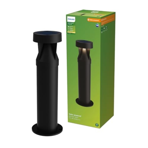 Philips Avery Solar-Sockelleuchte mit Erdspiess für den Außenbereich, 2700K warmweißes Licht, 200 Lumen, Schwarz