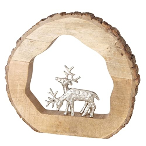 BOLTZE Deko-Aufsteller Conaldi aus Mango-Holz I mit Hirsch-Motiv aus Aluminium I Baumscheibe I Weihnachts-Deko I Wohnzimmer, Esstisch I Advents-Dekoration zum Hinstellen I Reindeer, Rentier