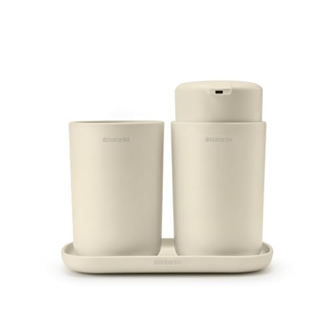 Brabantia - Renew Bad-Accessoires-Set - Seifenspender, Zahnbürstenhalter & Ablage - Tropffreier Pumpmechanismus - Rutschfester Boden - Korrosionsbeständig - 3er-Set für das Badezimmer - Soft Beige