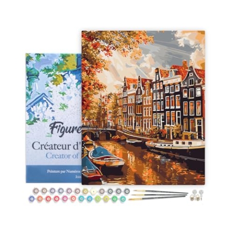 Figured'Art Malen Nach Zahlen Erwachsene Mit Rahmen Sonnenschein in Amsterdam - Paint by Numbers Basteln DIY Bastelset 40x50cm - Leinwand gespannt auf Holzrahmen