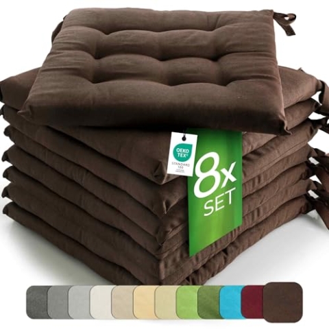 etérea 8er Set Sitzkissen Outdoor 40x40 mit Bändern - Stuhlkissen Braun für Gartenstuhl & Innenbereich - waschbare Sitzauflagen Gartenmöbel - 8 Stück Kissen 40x40 cm - Braun