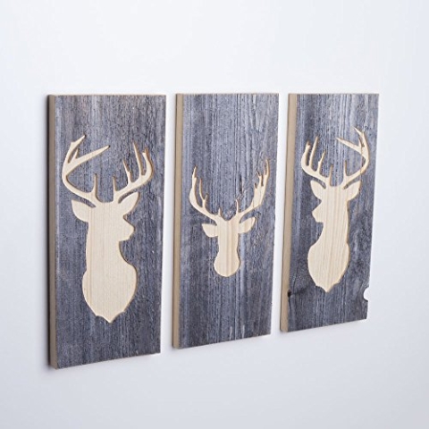 WOODS 3er-Set Wand-Bilder mit Hirsch-Motiv aus Altholz I Wanddekoration aus Holz handgefertigt in Bayern I Deko-Hirsch als Holzbild I 3 Stück 35 x 15 x 2 cm