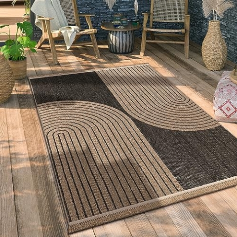 Paco Home Hochwertiger Outdoor Teppich Wetterfest & Pflegeleicht Jute-Sisal-Optik mit Fransen & Hoch-Tief-Effekt Langlebig für Terrasse, Balkon, Garten & Küche, Grösse:160x220 cm, Farbe:Anthrazit