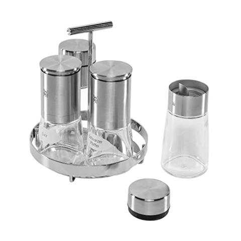 WMF De Luxe Menage-Set 5-teilig, für Salz, Pfeffer, Essig, Öl, Ständer mit 2 Essig-/ Ölspender, Salzmühle, Pfeffermühle, spülmaschinengeeignet