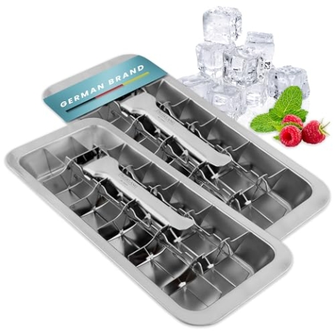 Dreiklang - be smart® 2er Spar Set Polierte 18/8 Edelstahl Eiswürfelform mit Hebeleinsatz für müheloses Entnehmen I Lebensmittelechte & langlebige Retro Eiswürfel-Form I Plastikfreie groß