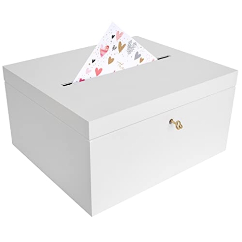 Creative Deco Weiße Holzkiste mit Deckel Kartenbox Hochzeit | 29x25x15 cm | Geldgeschenke Holzbox mit Schlitz, Schloss und Schlüssel Geschenkkarten Box Geldbox Briefbox Kasten | Lagerung Spendenbox