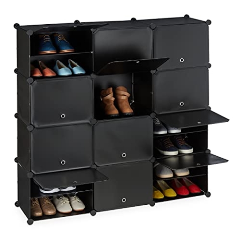 Relaxdays Schuhschrank, Steckschrank mit Türen, HBT: 125 x 125 x 31,5 cm, 24 Fächer, Regalsystem aus Kunststoff, schwarz