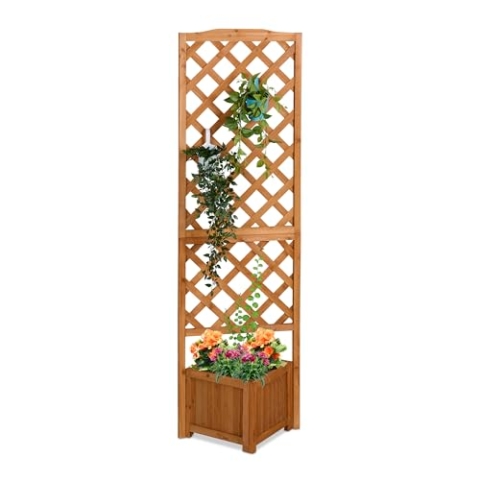Relaxdays Pflanzkasten mit Rankgitter, HBT 180x55x51 cm, Pflanzkübel mit Spalier, Balkon & Garten, Tannenholz, Hellbraun
