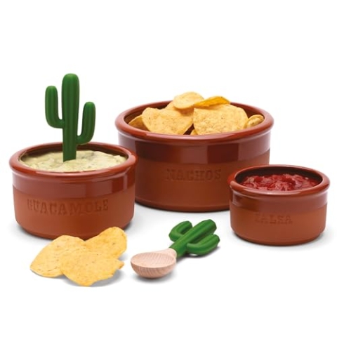 Monkey Business Bowlero Dipschalen Set - Terrakotta Snackschale mit 3 Dipschalen und 2 Dip-Löffeln - Mexikanisches Servierschalen Set