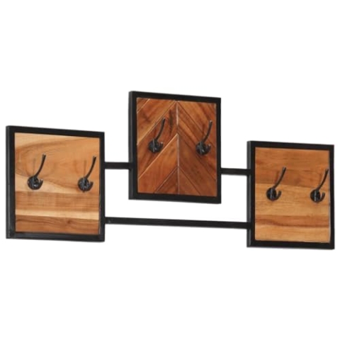 vidaXL Wandgarderobe, Garderobe mit 6 Haken, Garderobenhaken mit Eisenrahmen, Garderobenleiste Garderobenhakenleiste, Massivholz Akazie Eisen