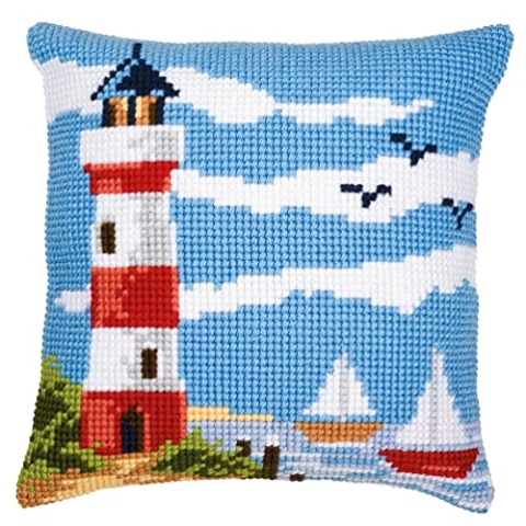 VERVACO Kreuzstich Stickpackungen Kissen Stickerei Set Anfänger Vorgedruckt Leuchtturm DIY Set Kreativ Set Für Erwachsene Dekoratives Kissen ca. 40 x 40 cm Bastelset Handwerker Haus Dekoration