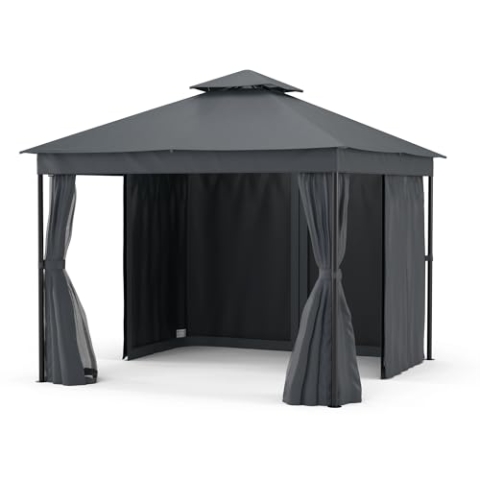 blumfeldt Mondo Dual Pavillon 3x3 – Doppeldach & Moskitonetze, Wetterfester Metallrahmen, Vorhänge Für Privatsphäre, Gartenpavillon, Leicht Zu Montieren, Dunkelgrau