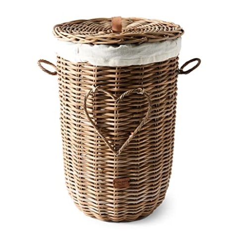 Riviera Maison Wäschekorb Rattan mit Deckel, korb für wäsche, wäschebehälter - RR Heart Laundry Basket - Rustic Ratten - Braun - (ØxH) 41x64 cm
