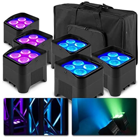 BeamZ BBP94W Uplight LED Par Strahler, 6er Set mit Tasche, 4 x 10 Watt, Akku Bühnenbeleuchtung 6er Set für DJ Pult, Bühnenlicht, DMX-WLAN, Partylicht Musikgesteuert, Bühnenequipment, Fernbedienung
