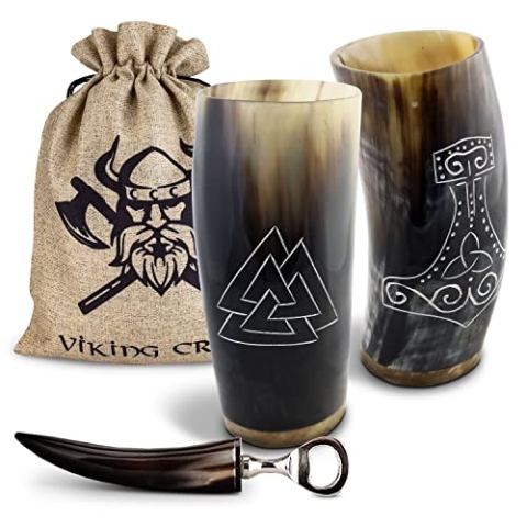 VIKING CRAFT Trinkhorn Wikinger Becher Set - 2x ca. 350ml Hornbecher + Flaschenöffner - Ideal für Wikinger Met, als Wikinger Deko, Wikinger Geschenk Männer u. Frauen, Viking Fanartikel Mittelalter