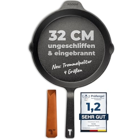 TECOR Gusseisenpfanne Induktion 32 cm ungeschliffen, universell, natürlich - Langlebige Pfanne Gusseisen 32 cm - Antihaft Gusspfanne Induktion 32cm einfach, top Qualität - Cast iron pan induction