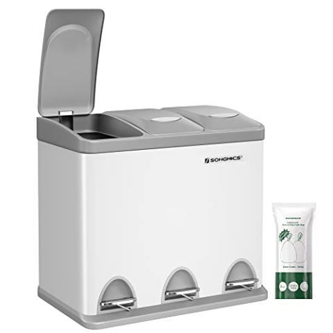 SONGMICS Mülleimer Küche, 3 x 8 L, kleine Kapazität, Mülltrennsystem 3 Fächer, Abfalleimer mit Deckel, Stahl-Treteimer für kleine Familien, Pedale und Inneneimer, weiß-grau LTB24WT