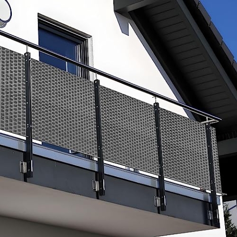 NYVI Polyrattan Balkon Sichtschutz Privafence 100x500 cm Hellgrau - Balkonbespannung mit Metallösen - UV-fest, Witterungsbeständig, 100% Blickdicht - Balkonumspannung Balkonumrandung 1x5 m