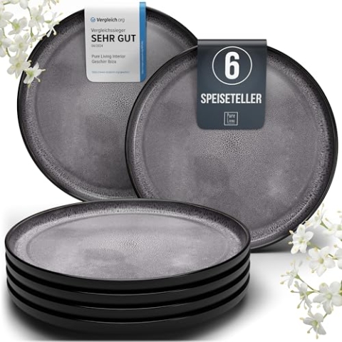 Steingut Teller groß 6 Pers. Ibiza Hochwertiges Mediterranes TEST SEHR GUT Steingut Speiseteller Set - Spülmaschinen-, Mikrowellen- und Kratzfest - Stylisches Teller Set - Pure Living in Grau