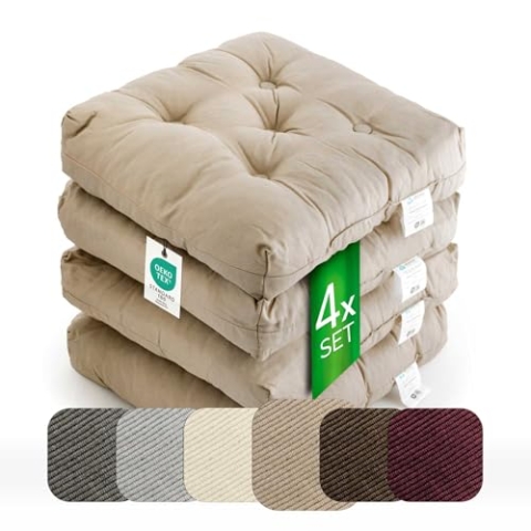 etérea Sitzkissen 42x42 cm 4er Set - Taupe 8 cm hoch - Bodenkissen für Indoor, Outdoor, Küche, Garten, Auflage - Heidi Stuhlauflage - 4 Stück Stuhlkissen 40x40 cm Taupe