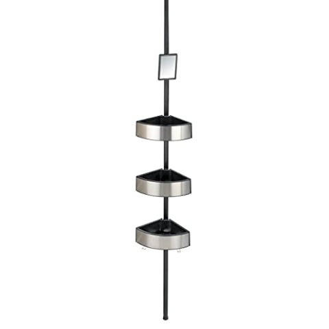 WENKO Teleskop Duschecke Premium Big Black, ausziehbares Badregal mit 3 Ablagen, 2 Haken & Spiegel, rostfreies Duschregal aus massivem Aluminium und Kunststoff, 27,5 x 70-260 x 20 cm, Silber/Schwarz