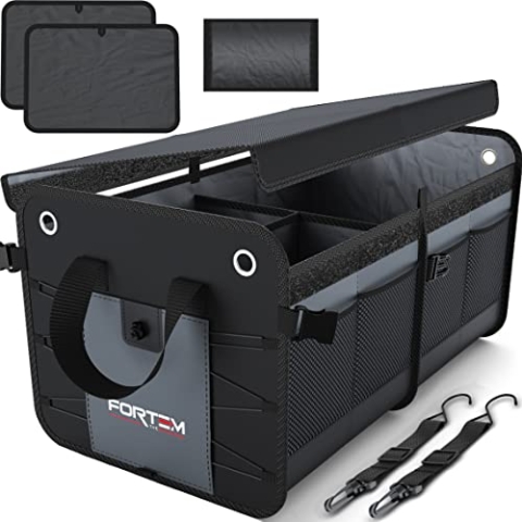 FORTEM Kofferraum Organizer, Kofferraumtasche, Zusammenklappbarer Auto Organizer Kofferraum mit Fächern, Rutschfester Boden, Verstellbare Sicherungsriemen, Klappbarer Deckel (Grau, Groß)