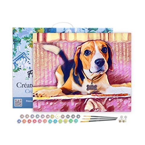 Figured'Art Malen Nach Zahlen Erwachsene Mit Rahmen Herziger Beagle - Paint by Numbers Basteln DIY Bastelset 40x50cm Leinwand gespannt auf Holzrahmen