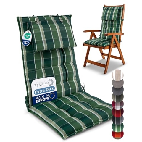 Beautissu 2er Set Premium Hochlehner Auflage Kopfpolster 120x50cm Sun-HL – 8cm Dick Polster Gartenstuhlauflage rutschfest Befestigungsbänder UV-Lichtechtheit 5 – Robust Stoff Grün kariert