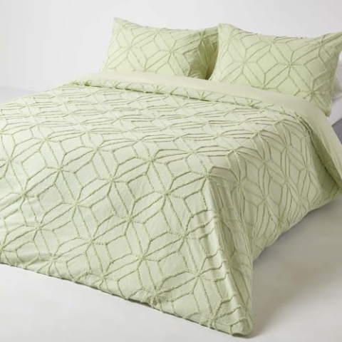 Homescapes Perkal-Bettwäsche 200x200 cm, grüne Bettwäsche getuftet, Boho Bettwäsche geometrisch Gemustert