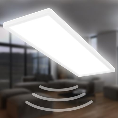 BRILONER - LED Deckenlampe mit Bewegungsmelder 3m Reichweite IP44, neutralweiße Lichtfarbe, flach, 120 Grad Erfassung, Deckenleuchte, LED Panel, Badlampe, Badezimmerlampe, 58x20x3 cm, Weiß