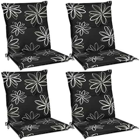 Beautissu Flores Niedriglehner Auflagen 4er Set für Gartenstühle – Sitzpolster 100x50 cm Gartenstuhlauflage Niederlehner UV-Lichtecht – Sitzkissen Outdoor in schwarz mit Blumen
