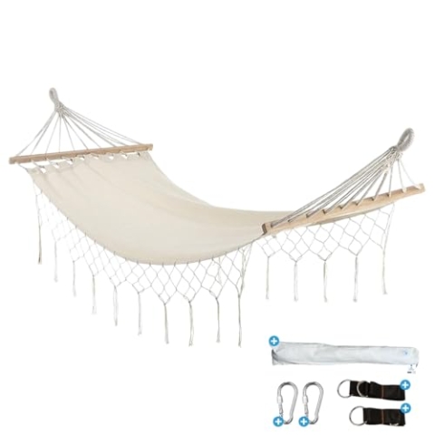 Fleau Goods Luxus Hängematte mit Spreizstab - Zierliche Fransen - 100% Baumwolle - Komfortabel - Inklusive Aufhängematerial & Tragetasche - 100 x 200cm