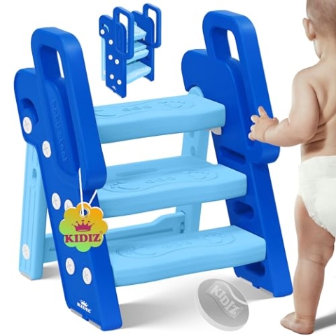 KIDIZ® Tritthocker für Kinder Trittleiter Klappbar mit 3 Stufen | Faltbarer Lern-Turm ab 18 Monaten bis 6 Jahren | Robust | Sicherer & Stabiler Trittschemel | Höhenverstellbar rutschfest Hellblau