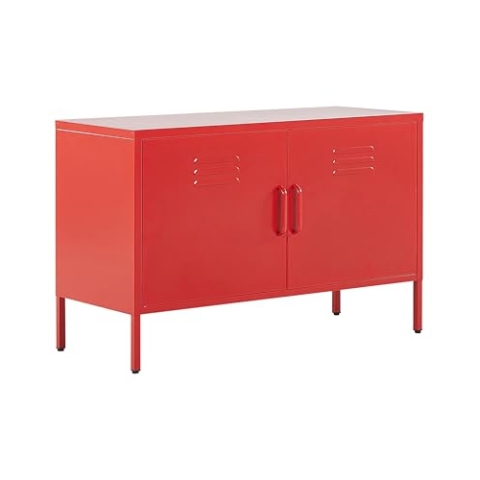 Beliani Sideboard mit 2 Türen 2 Griffen Stahl rot herausnehmbarer Regalboden Uria