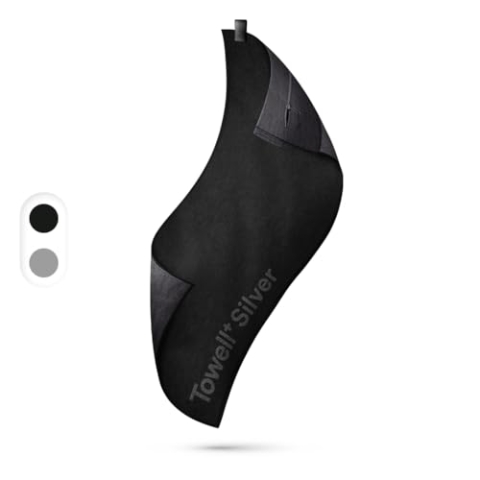 STRYVE Sporthandtuch – Das Original – Towell+ Silver – Silver Black – 105 x 42,5 cm – Magnetclip & Rutschschutz – Antibakterielles & Geruchshemmendes Sporthandtuch – Ideales Handtuch fürs Gym