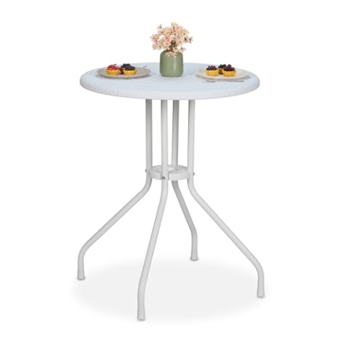Relaxdays Gartentisch, H x D: 73 x 60 cm, Rattanoptik, Kunststoff & Stahl, Outdoor Esstisch, runder Balkontisch, weiß