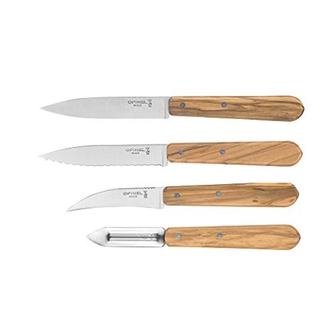 Opinel 254458 Essentials Küchenmesser Set-4 teilig-rostfreier Sandvik Stahl-Olivenholz Griffe, Mehrfarbig