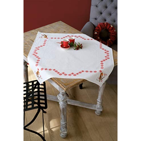 VERVACO Stickpackung Tischdecke Zählmusterpackung Kreuzstich Rotkehlchen Stickdecken zum Selbersticken Stickset Weihnachten Kreativ Set für Erwachsene 80 x 80 cm Kreatives Geschenk
