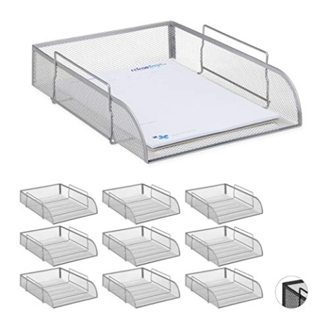 10 x stapelbare Dokumentenablage, Büro Briefablage aus Metall für DIN A4, Schreibtischablage BxT 26x33,5 cm, Silber