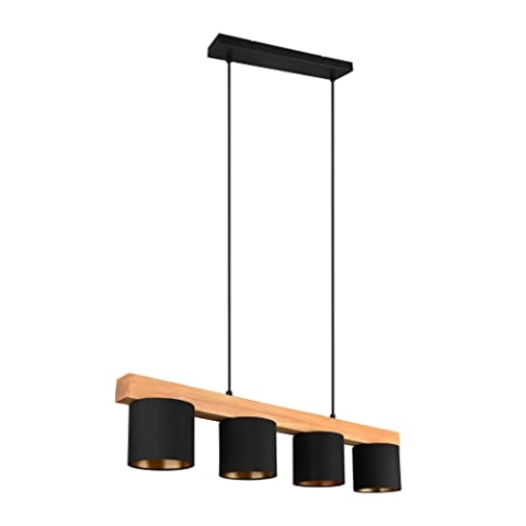 Reality Leuchten Pendelleuchte Cameron R30654002, Metall Schwarz matt, Stoffschirm schwarz,goldfarbig, Holz, exklusiv 4x E14
