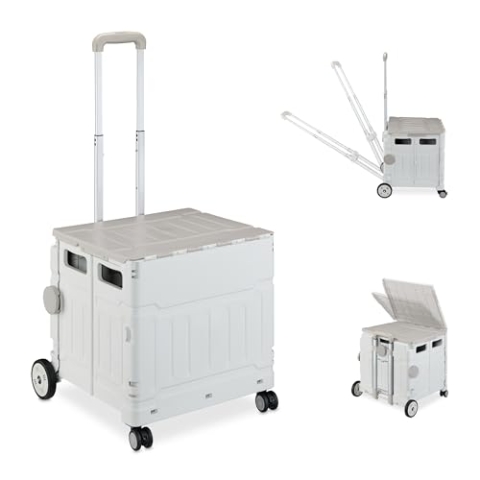 Relaxdays Einkaufstrolley, klappbar, Einkaufskorb mit Rollen, Deckel & neigbarem Teleskopgriff, bis 50 kg, grau/weiß