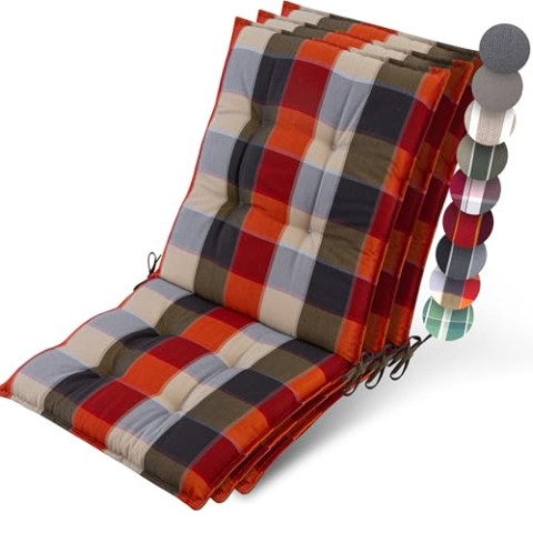 Beautissu 3er Set Premium Niedriglehner Auflage Gartenstuhl 100x50cm Sun-NL – 8cm Dick Polster Gartenstuhlauflage rutschfest Befestigungsbänder UV-Lichtechtheit 5 – Robust Orange-Beige kariert